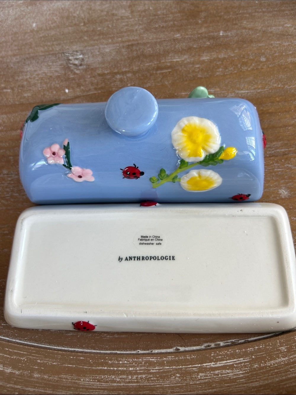 Anthropologie Light Blue Floral & Butterfly Ceramic Butter Dish - Picture 3 of 5